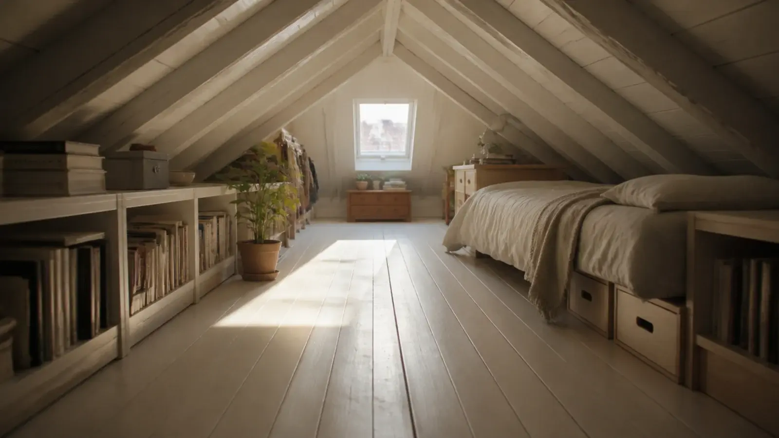 unobstructed path running along the ridge of a low attic bedroom