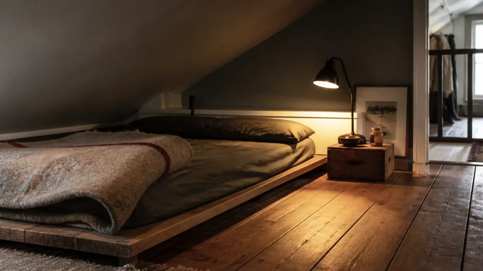low attic bedroom ideas with a floor level mattress under a short sloping ceiling