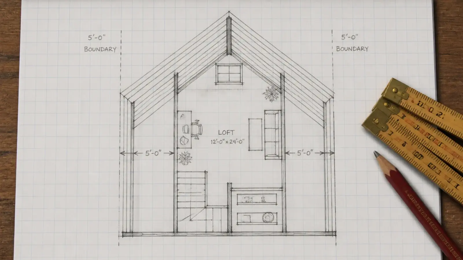 floor plan sketch of a narrow loft with rafter lines marked in pencil