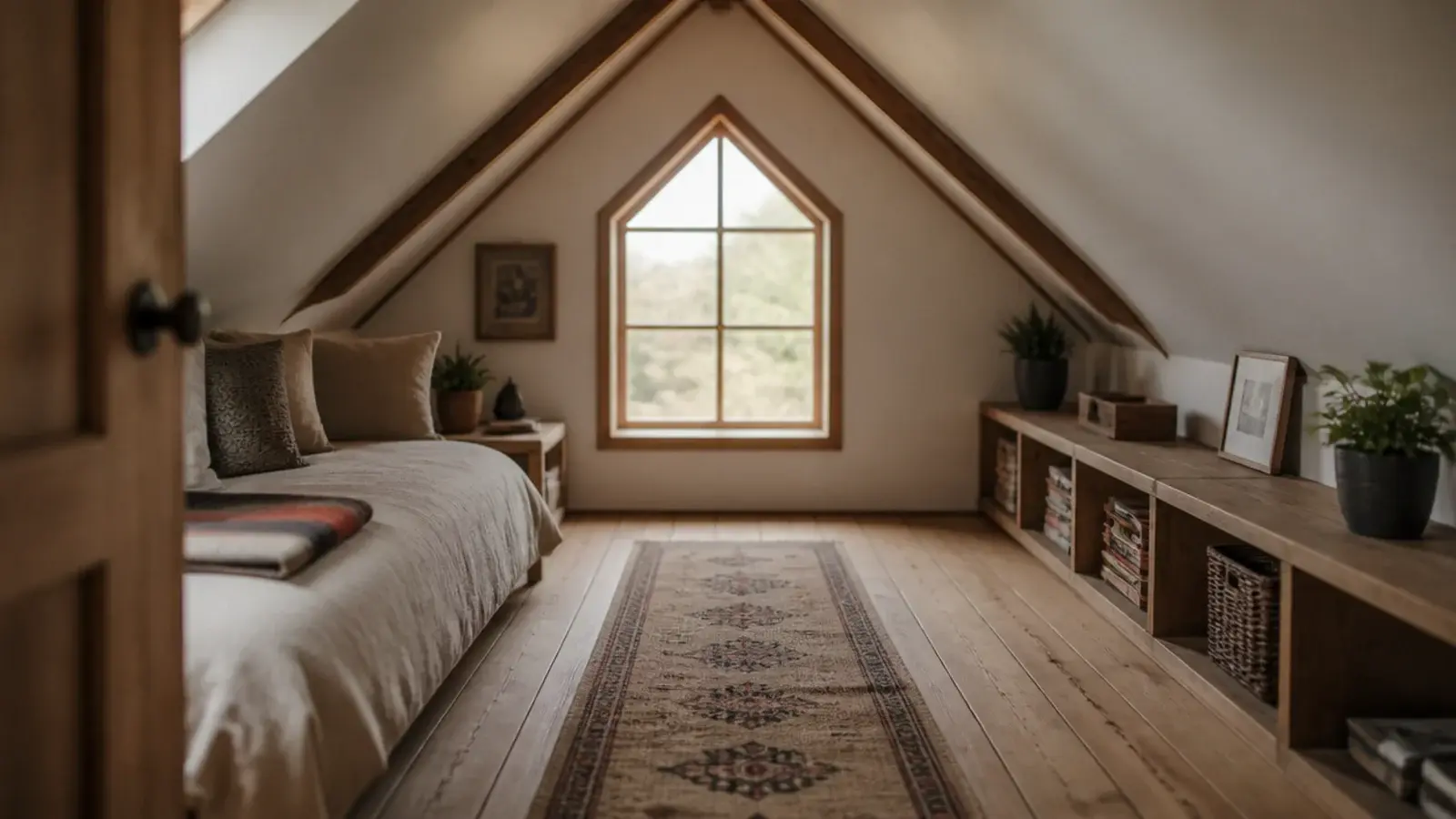 narrow loft photographed along its full height centre with furniture set aside