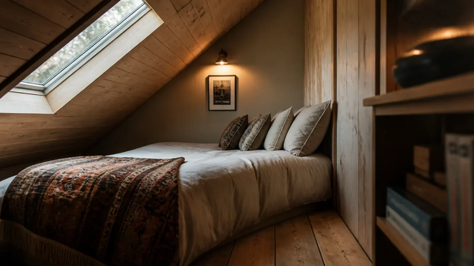 bed turned sideways with its long edge tucked under a sloping attic ceiling