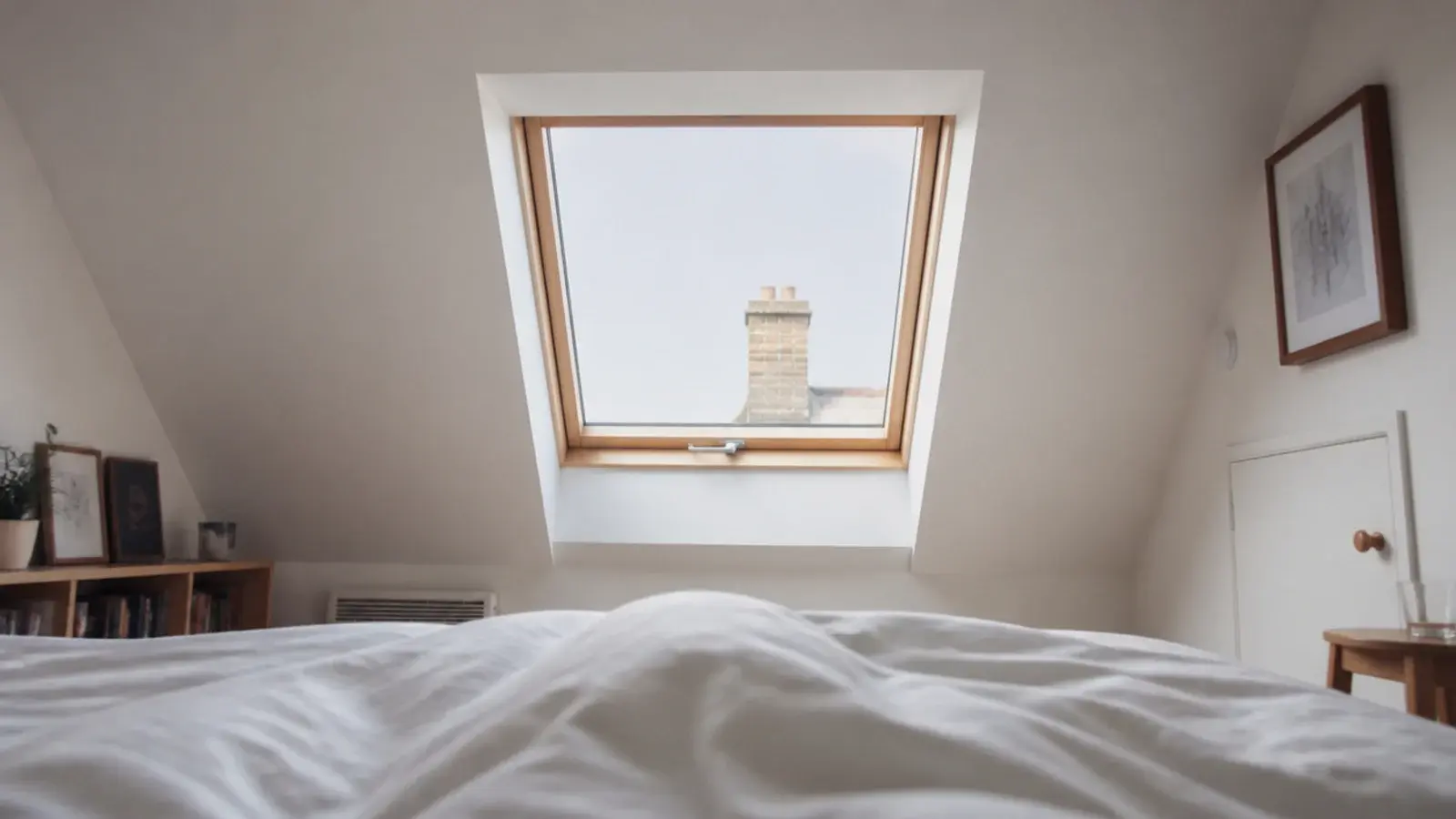 roof window positioned in the slope directly within view of the bed pillows