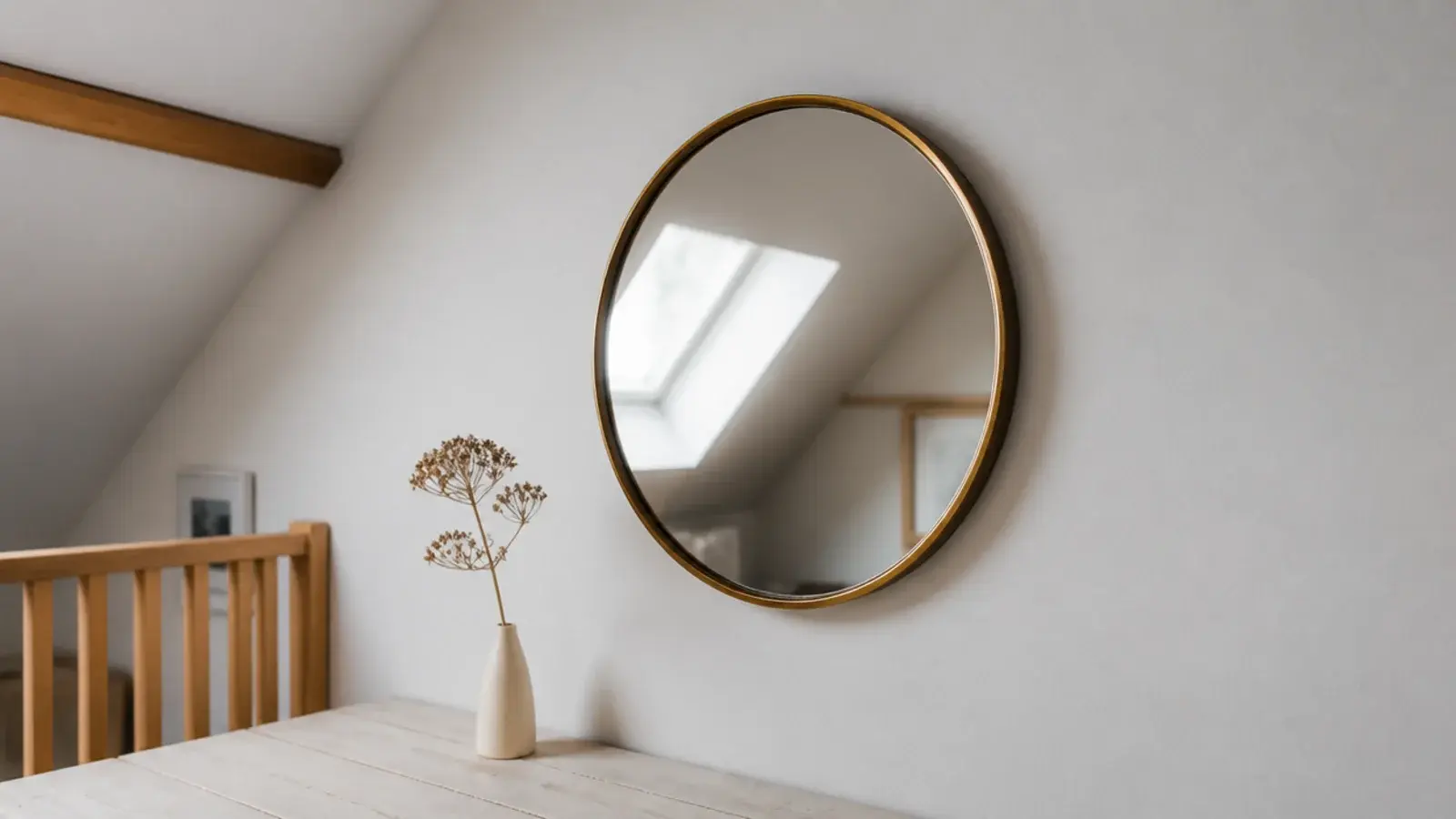 round mirror angled on an attic wall reflecting daylight from a roof window