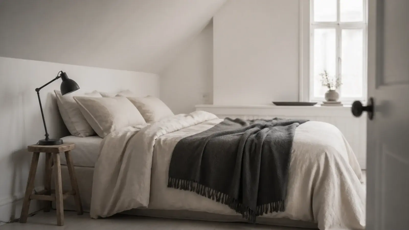 small loft bedroom in three quiet tones of chalk oat and charcoal
