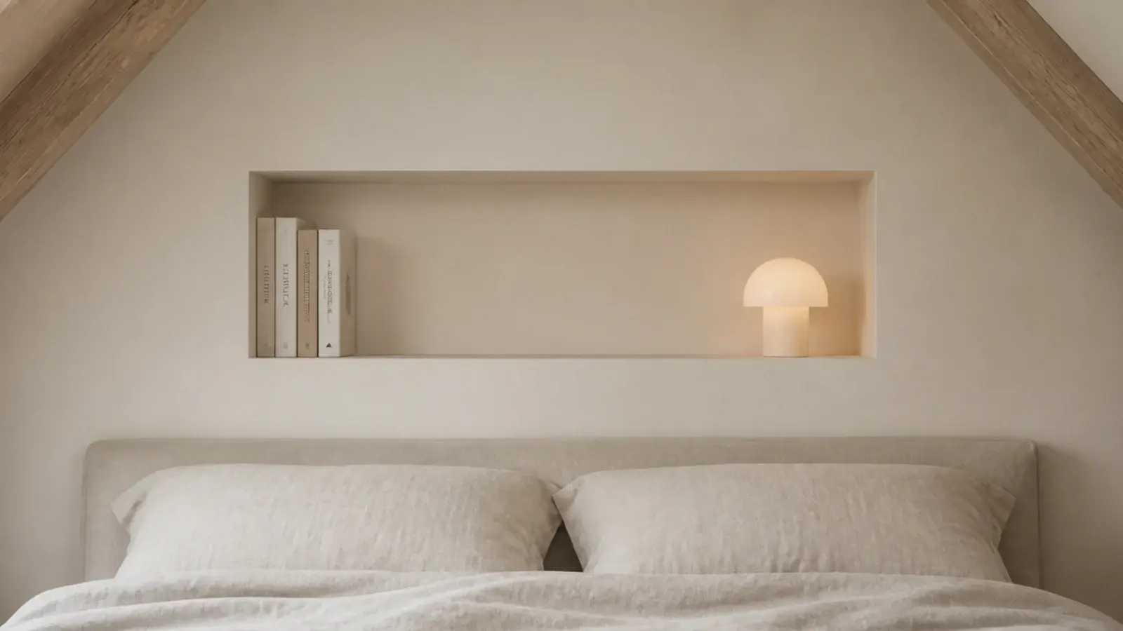 recessed shelf built into the wall above the head of an attic bed