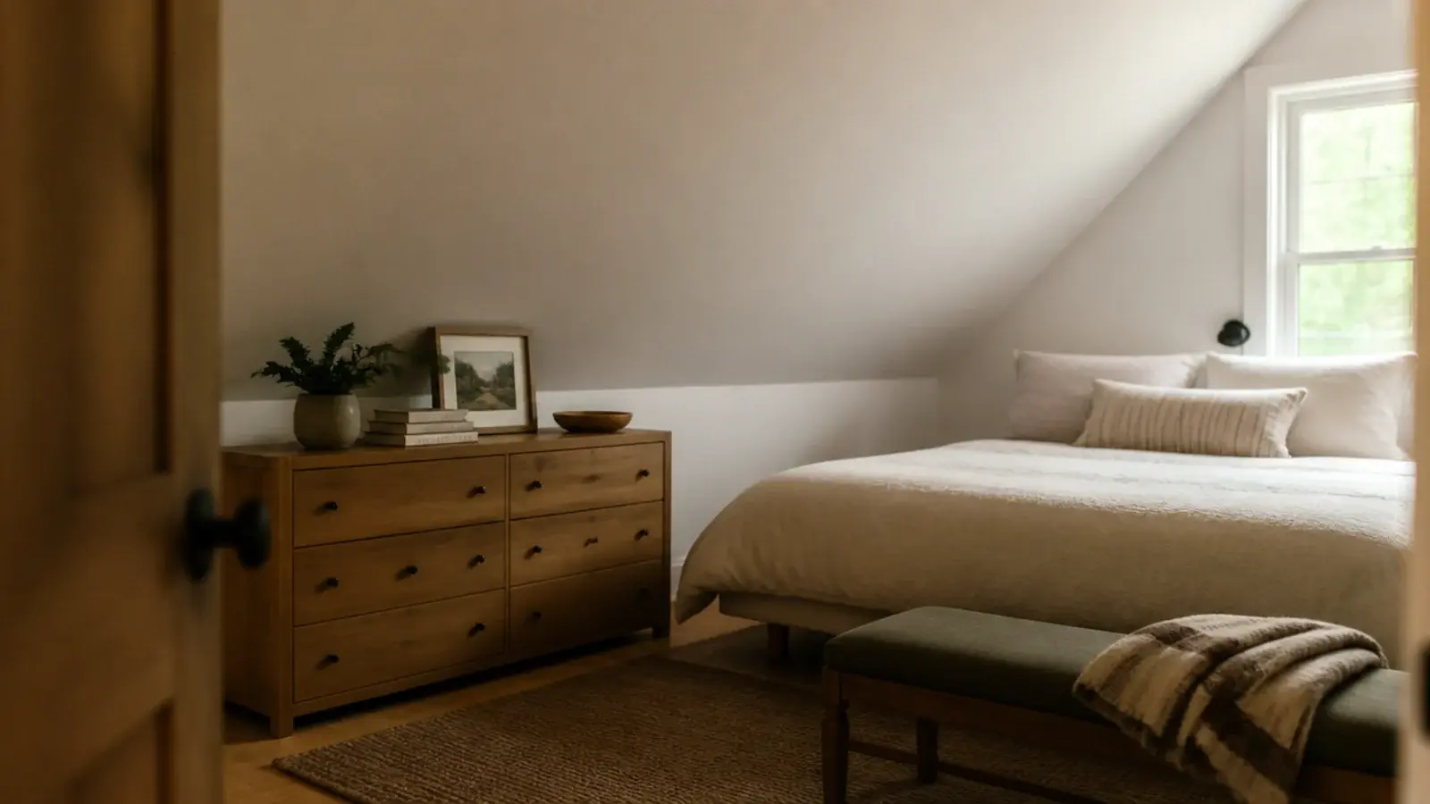 low furniture in a small loft all sitting under the line of the slope