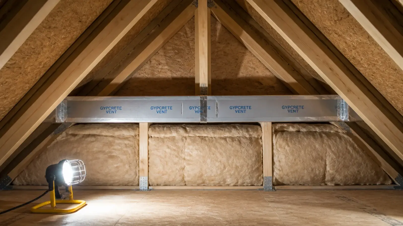 insulation and a vent channel visible in an open attic rafter bay