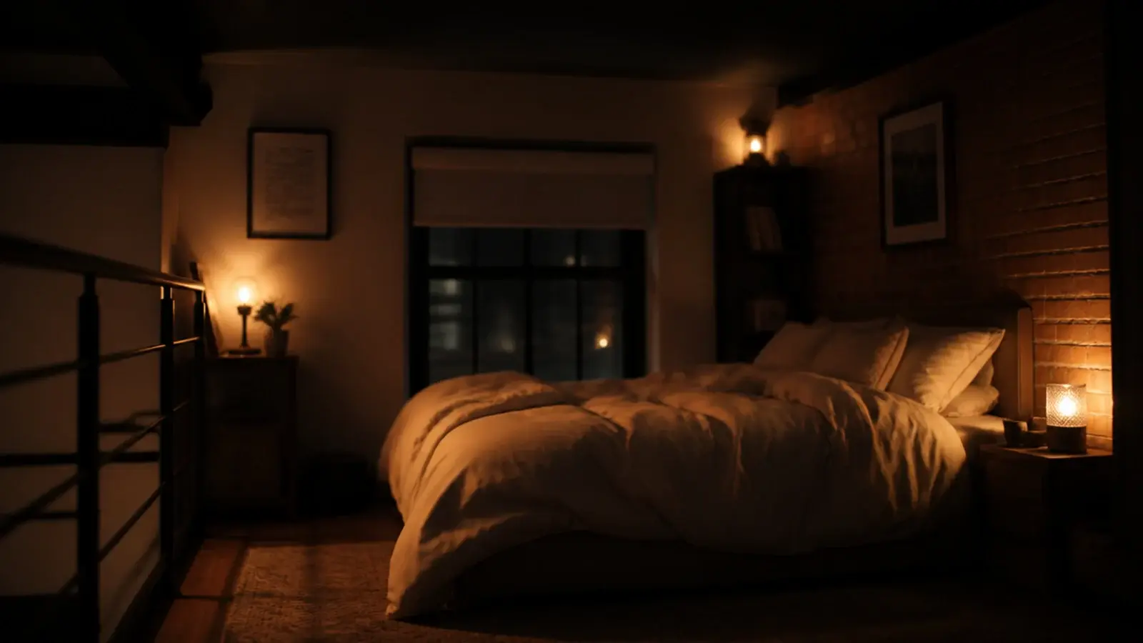 three small lamps glowing in separate corners of a tiny loft bedroom