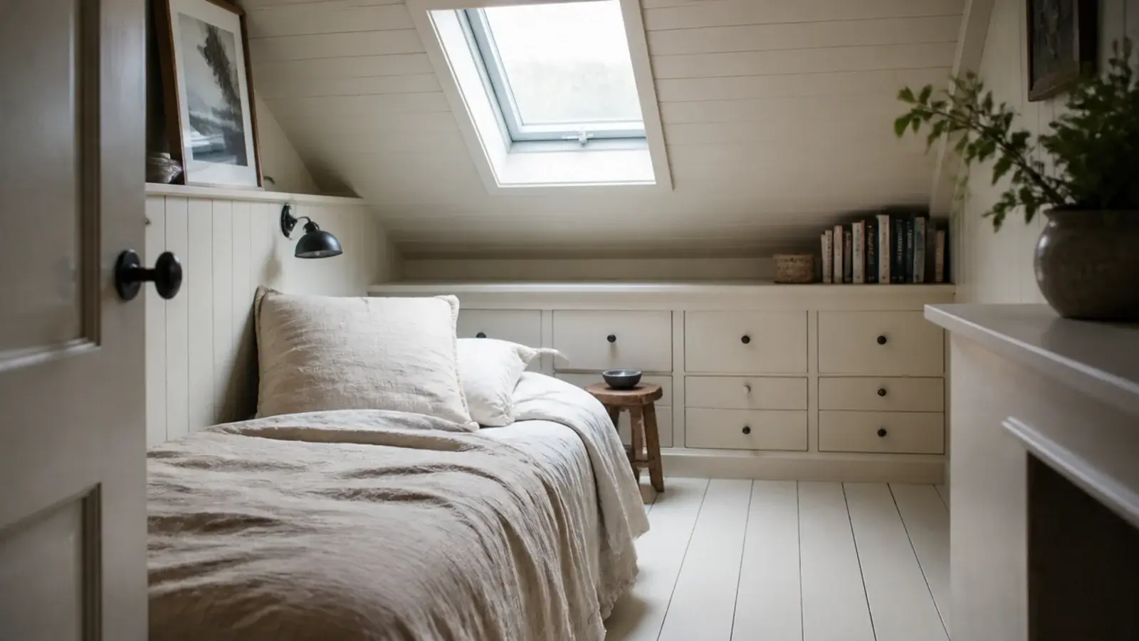 small attic bedroom ideas in a tight loft with built in eaves storage