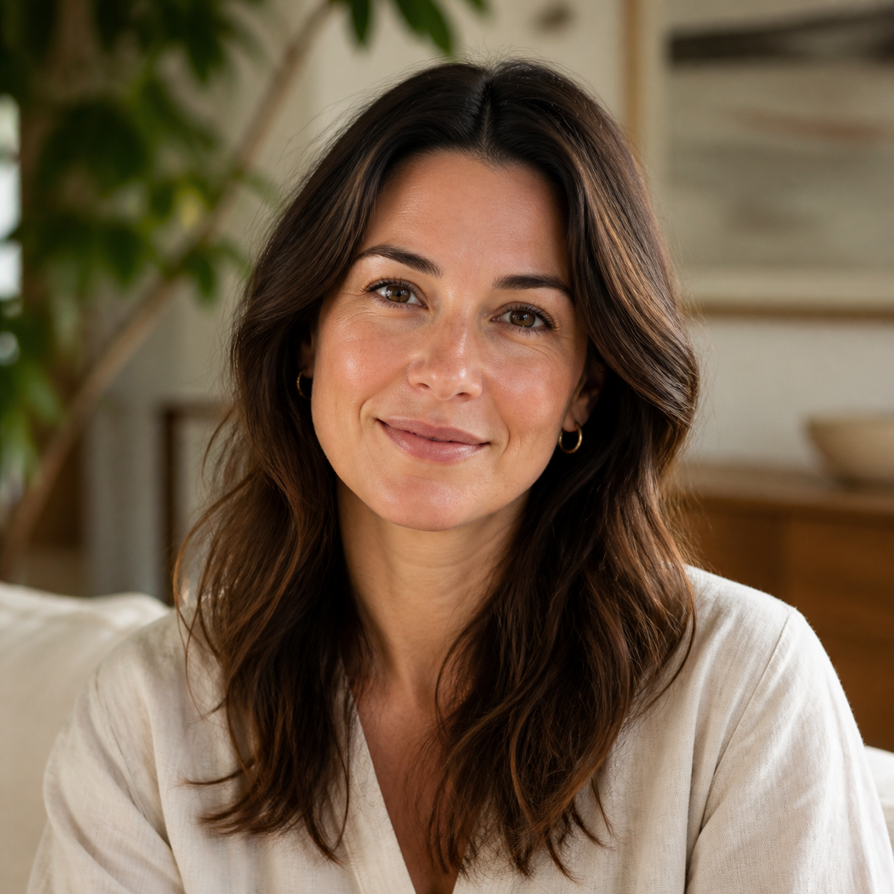 Amelia Bennett, interior stylist and home decor writer, in a warm neutral living room