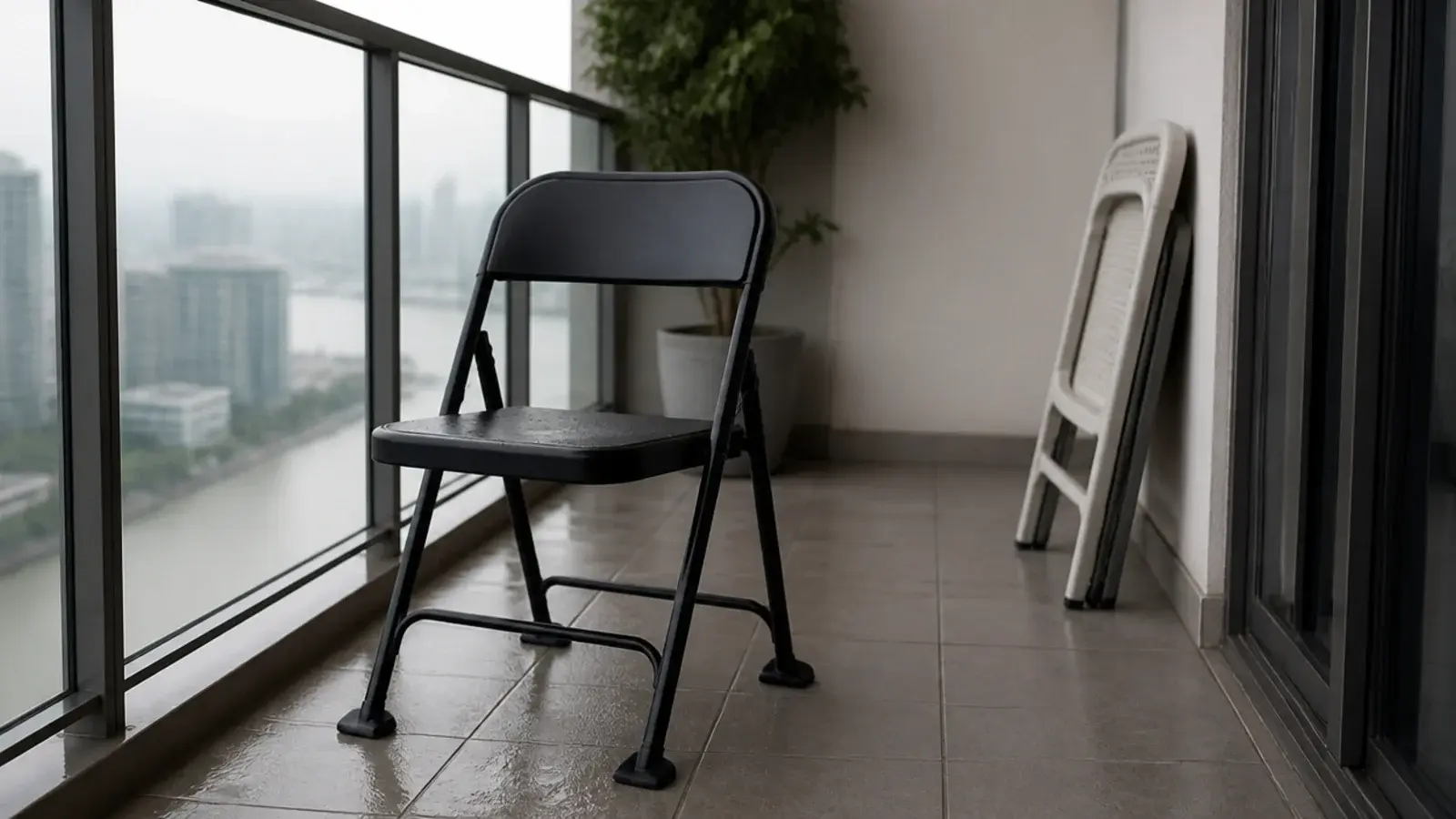 heavy powder coated steel chair standing firm on a high balcony