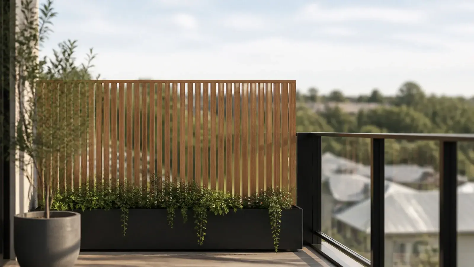 slatted privacy panel lowered to sit level with a balcony railing