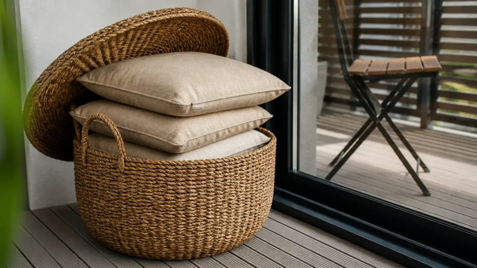 solution dyed cushions stored in a lidded basket beside a balcony door