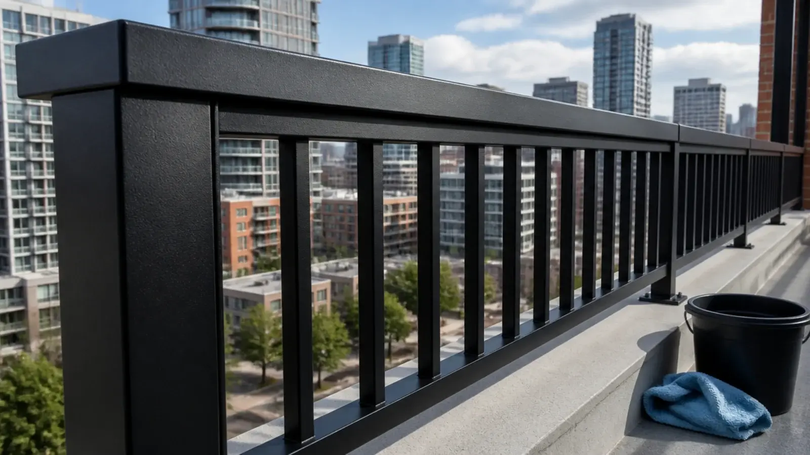 balcony railing scrubbed clean showing sharp black powder coat again