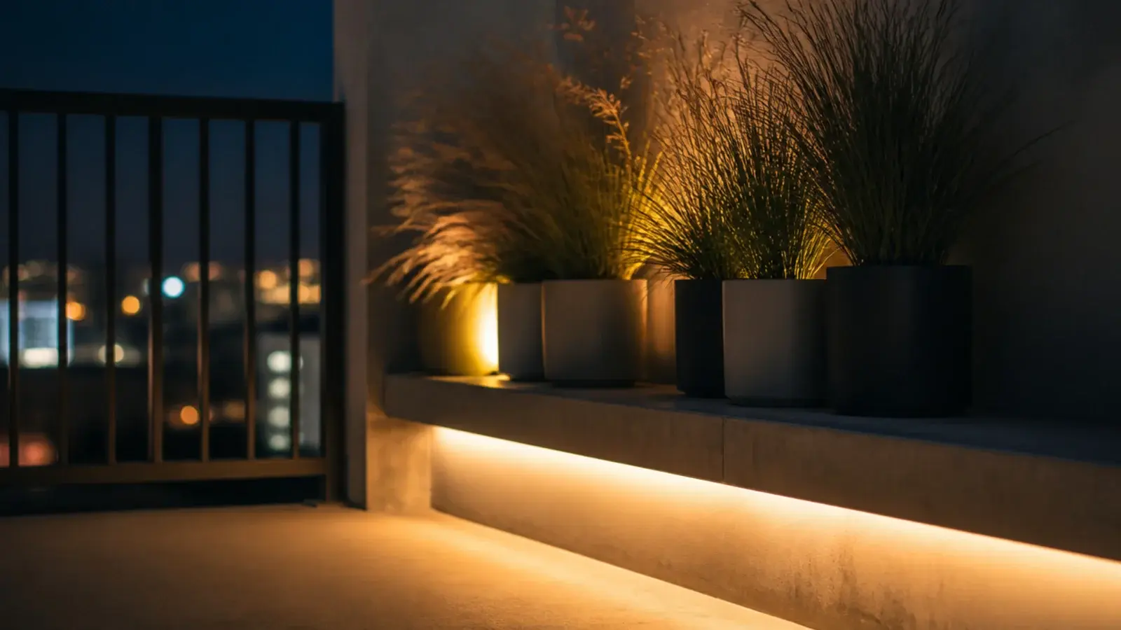hidden warm LED tape lighting a previously dark balcony bench corner