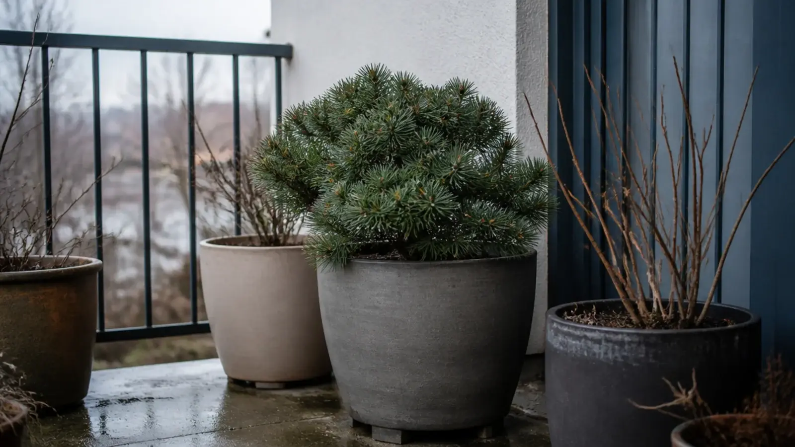 evergreen dwarf pine anchoring a winter balcony among bare stems