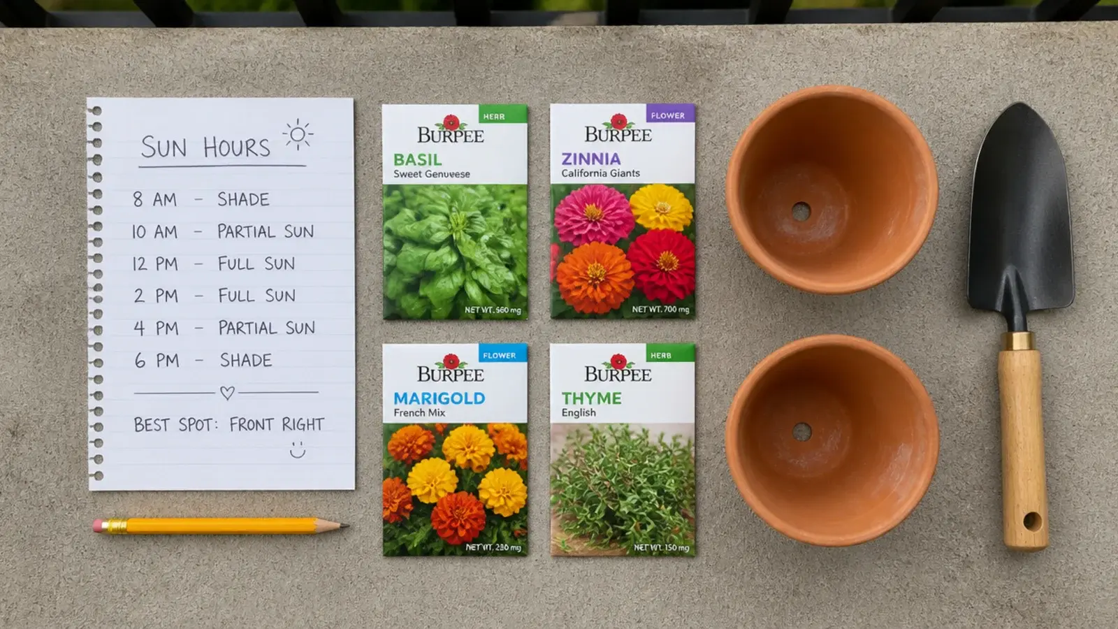 plant plan sketch and seed packets laid out on a balcony floor