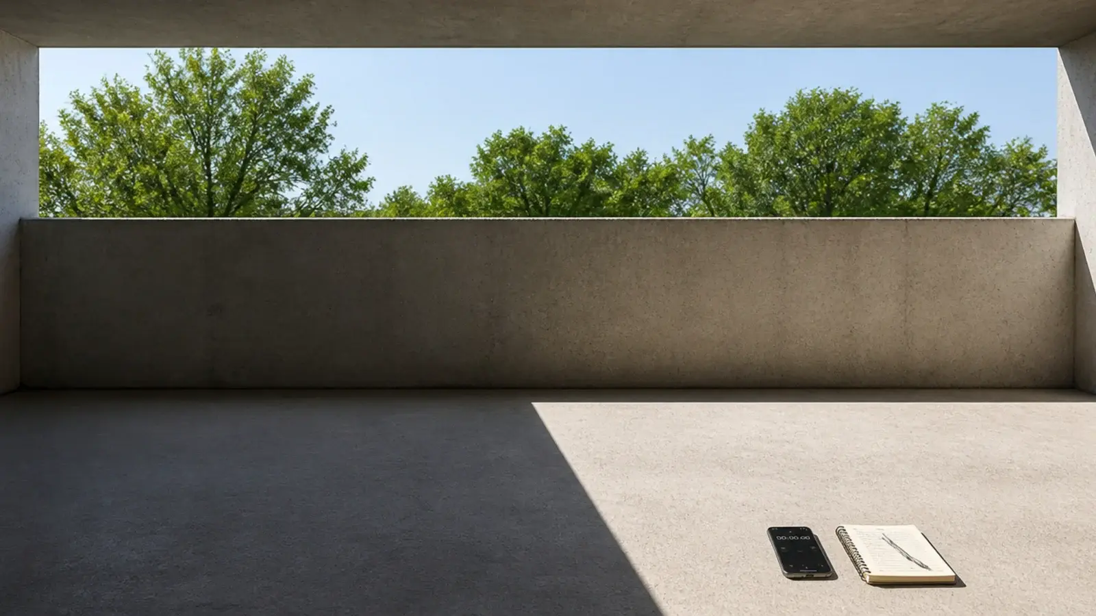 hard sunlight crossing half of an empty balcony floor at noon