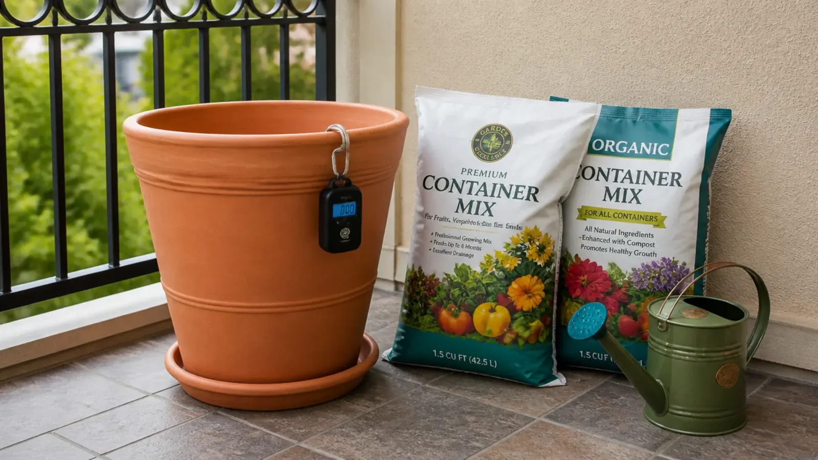 large terracotta planter on a scale beside bags of container mix