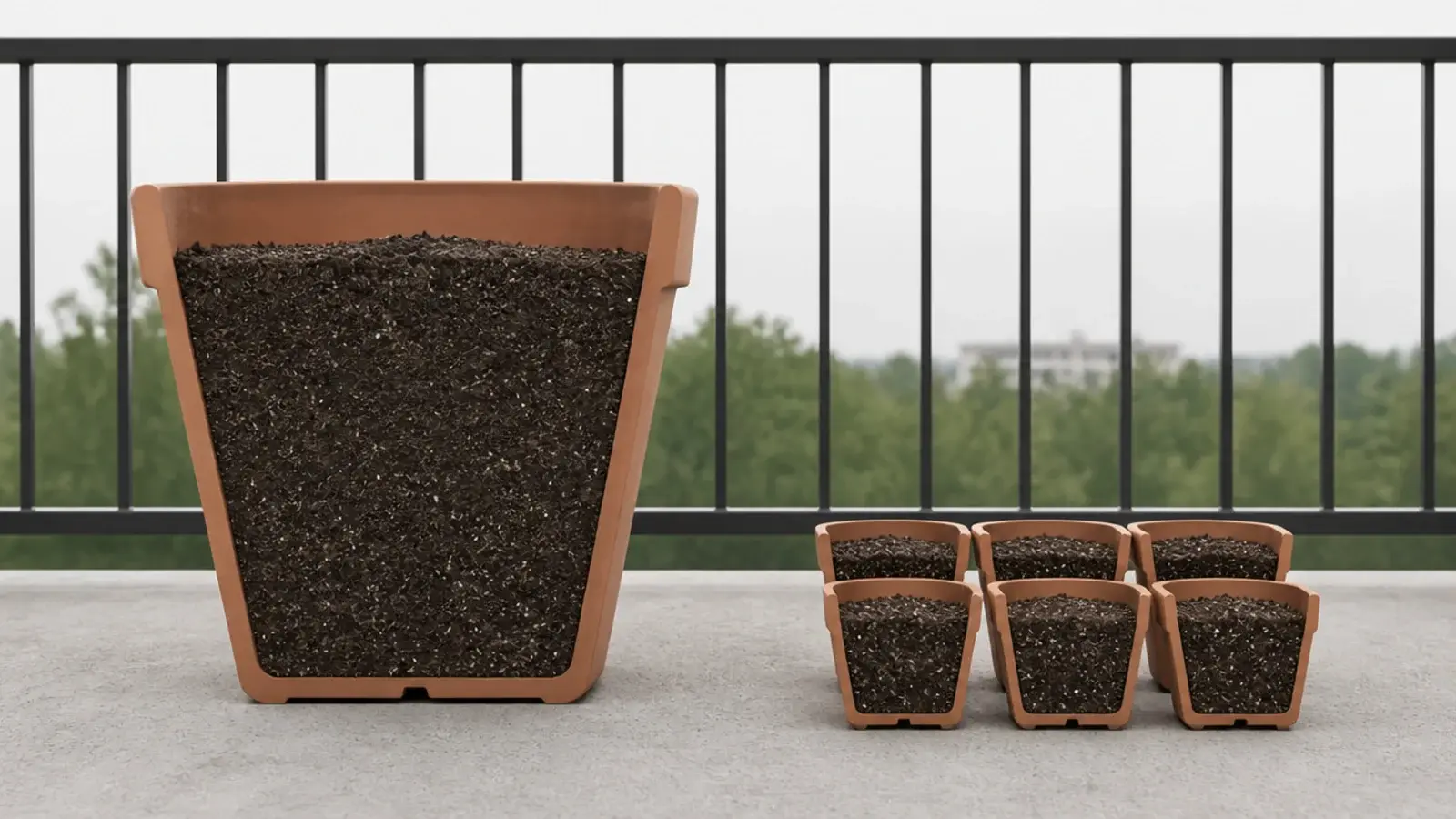 one large planter beside several small pots showing size difference