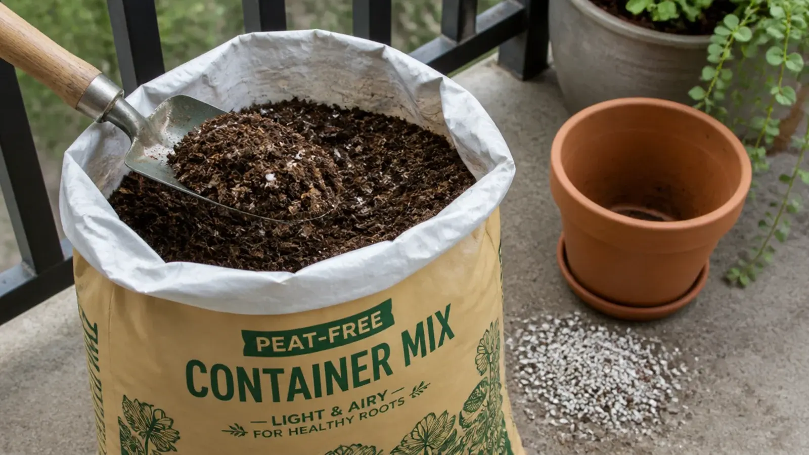 hand trowel lifting light container mix from an open bag on concrete
