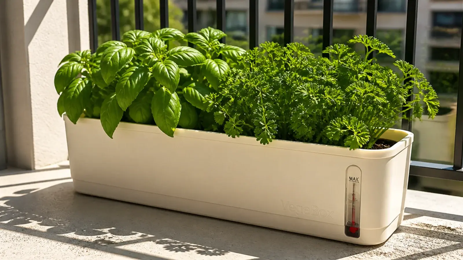 self watering trough planted with herbs on a hot sunny balcony