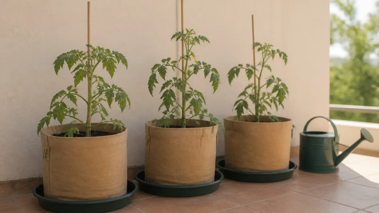 fabric grow bags of tomato plants standing along a balcony wall