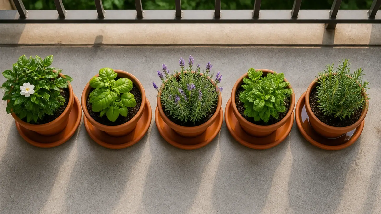 row of terracotta saucers under balcony pots catching water runoff