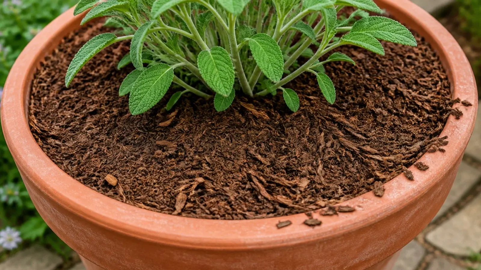 fine bark mulch spread over the surface of a balcony planter