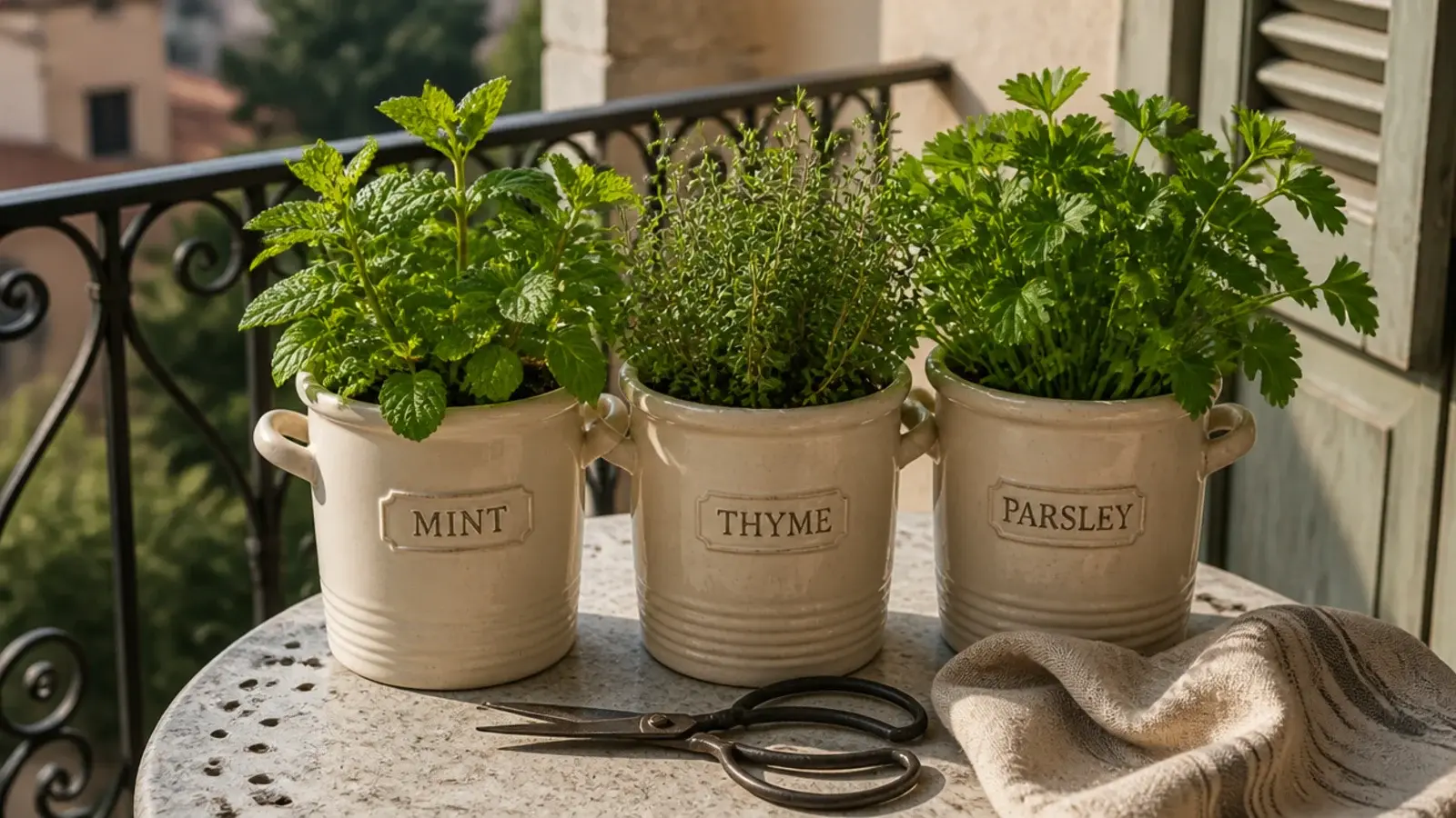 three cooking herbs in matching pots on a balcony table