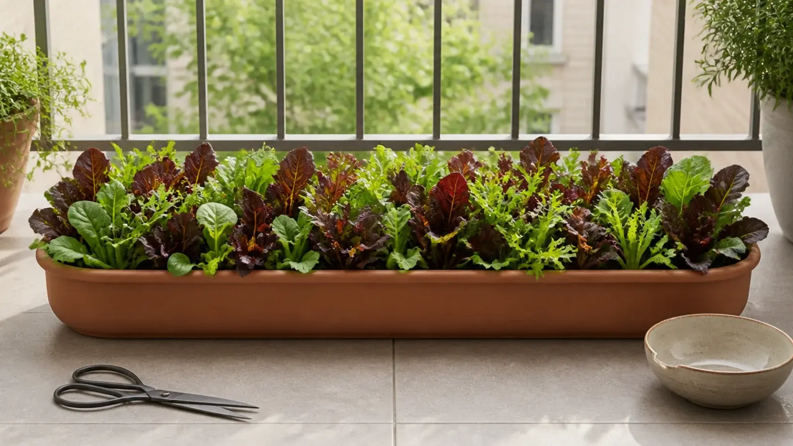 shallow trough of mixed salad leaves growing on a balcony ledge