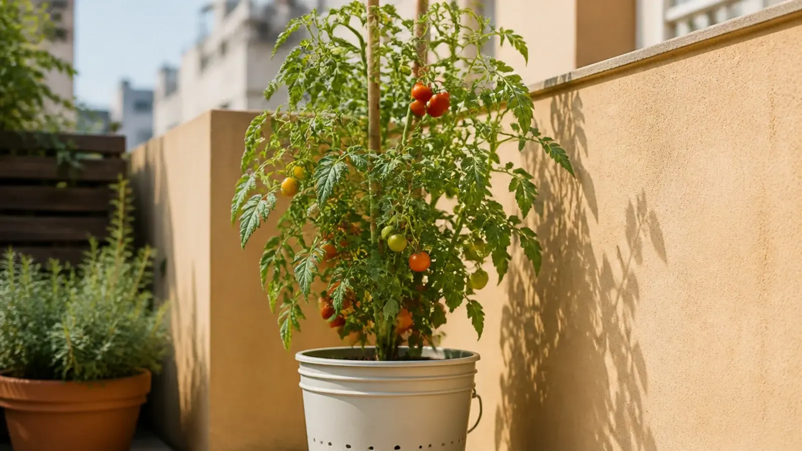 cherry tomato plant staked in a large bucket on a sunny balcony