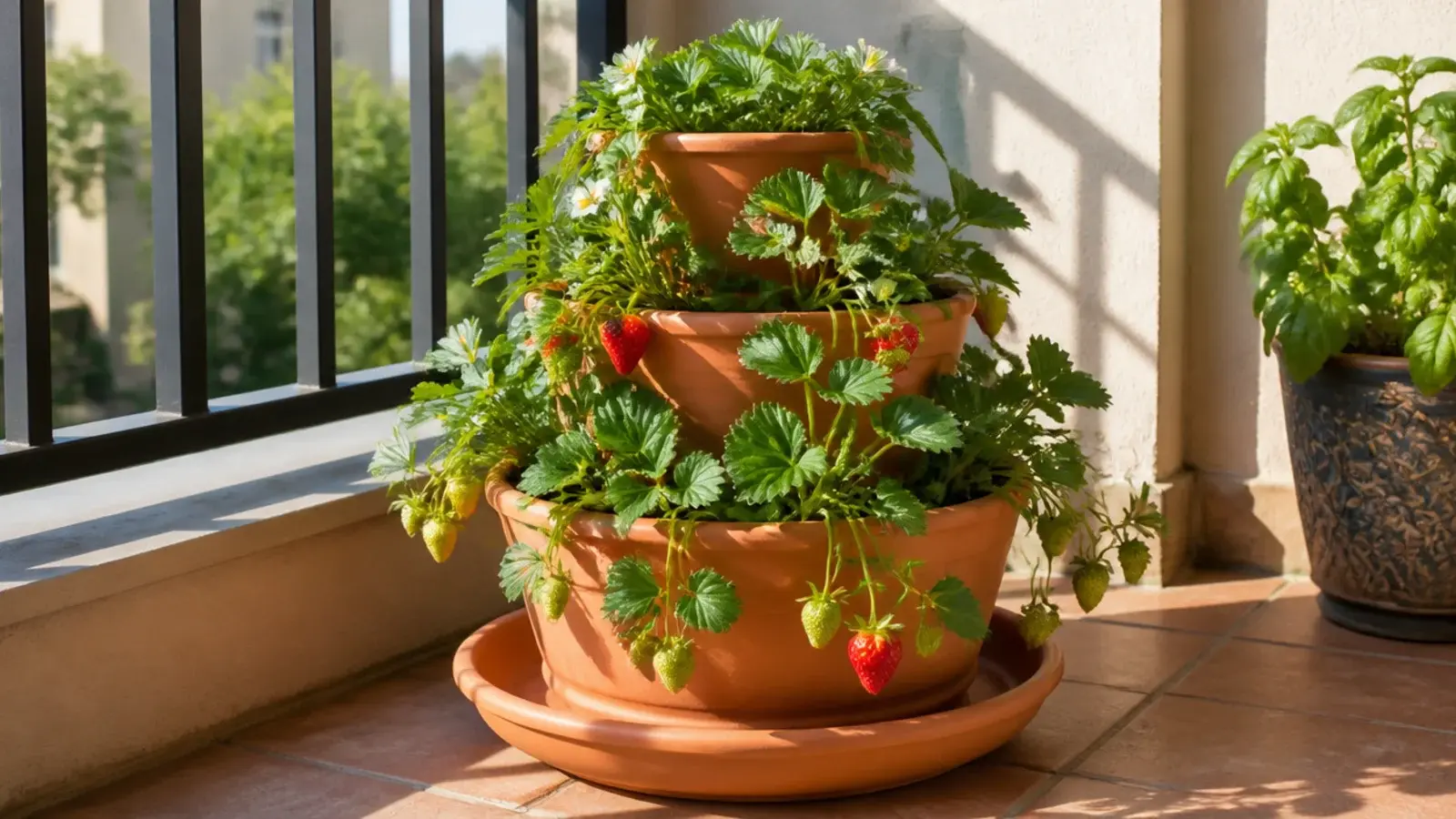 strawberry plants fruiting in a tiered pot on a balcony corner