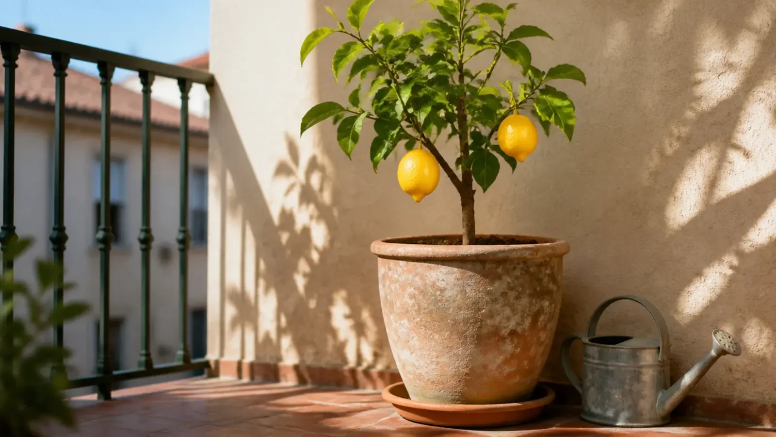 dwarf lemon tree in a large pot on a sunny apartment balcony