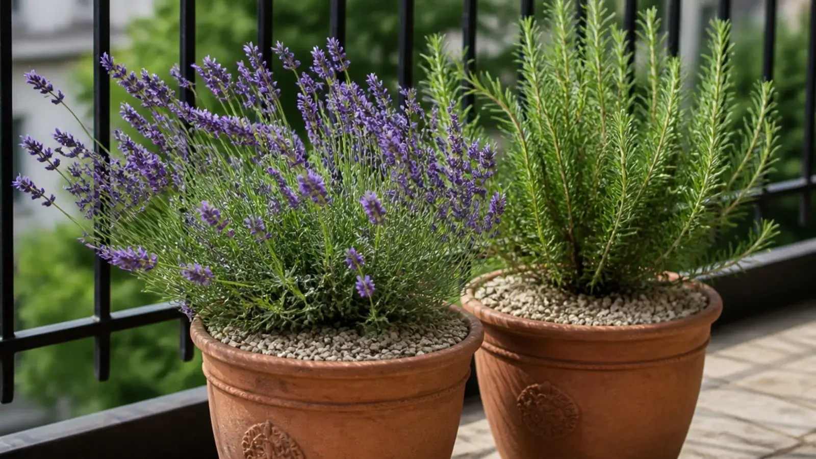 lavender and rosemary in clay pots on an exposed balcony rail side