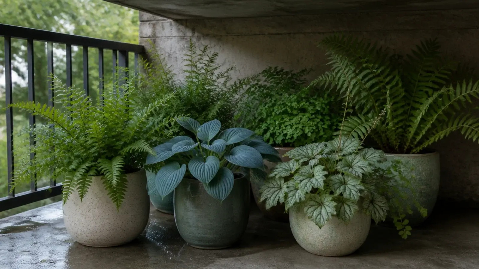 ferns and hosta in stoneware pots on a shaded balcony floor