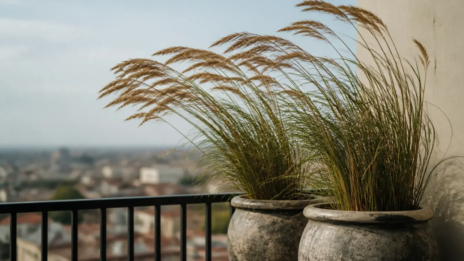 ornamental grasses bending in wind in heavy pots on a high balcony