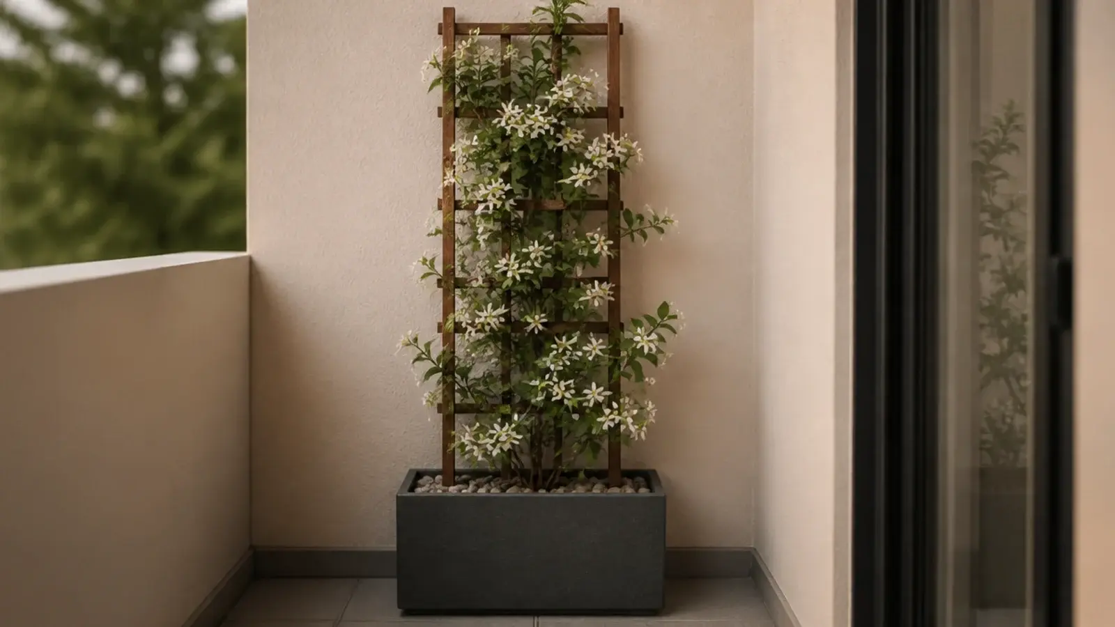 freestanding trellis with climbing jasmine in a weighted balcony planter