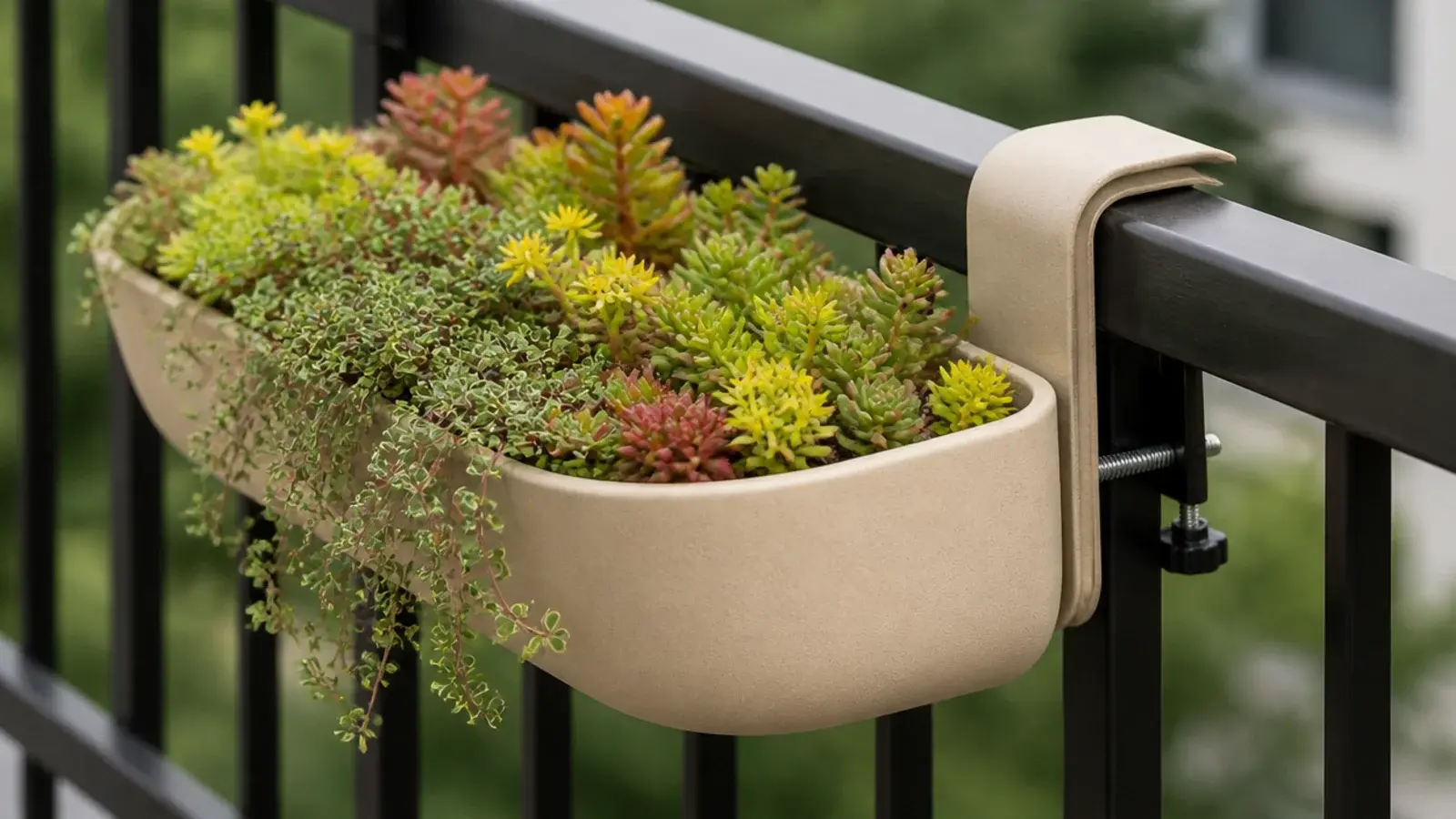 hook over trough of sedum resting inside an apartment balcony rail