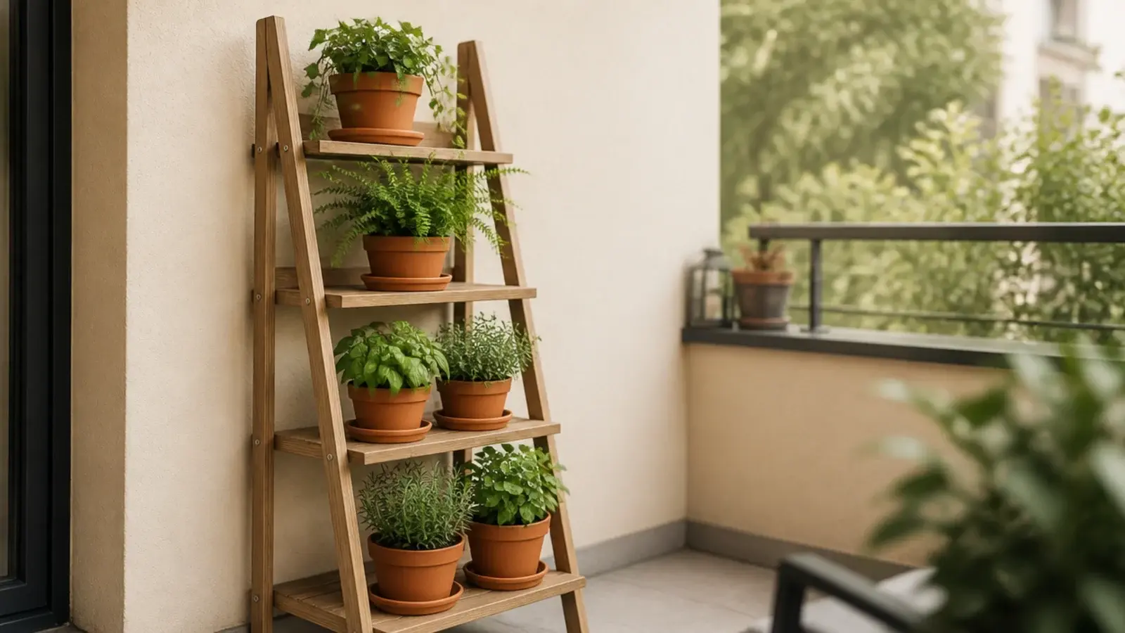 wooden ladder shelf of potted plants against a balcony wall