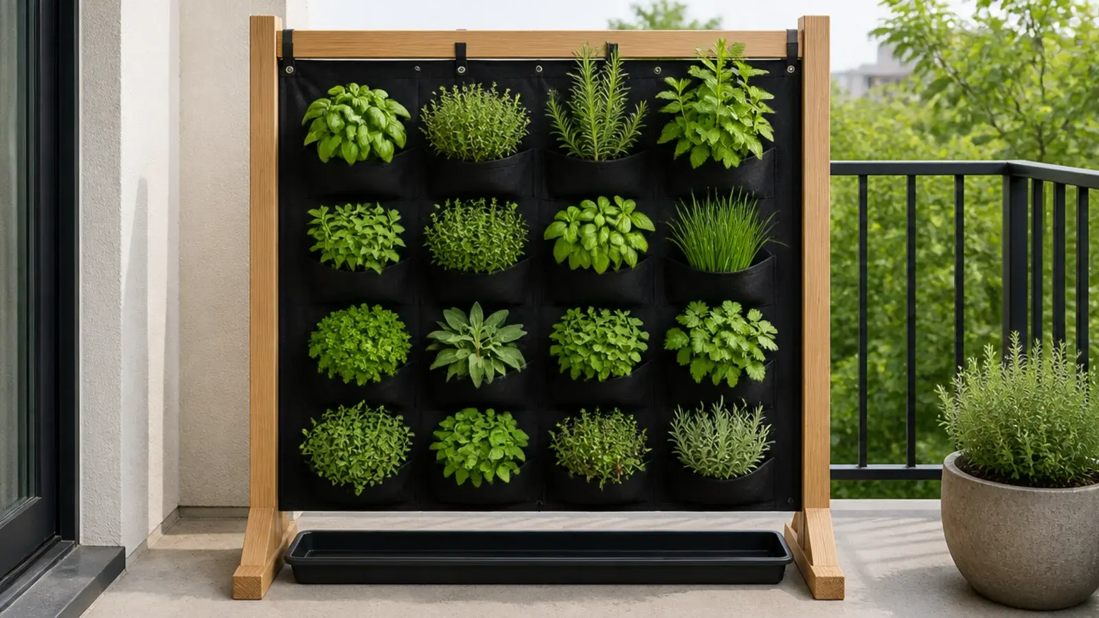 fabric pocket planter of herbs mounted on a freestanding balcony frame