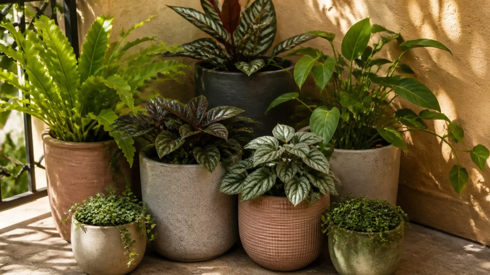tight cluster of balcony pots grouped together against a warm wall