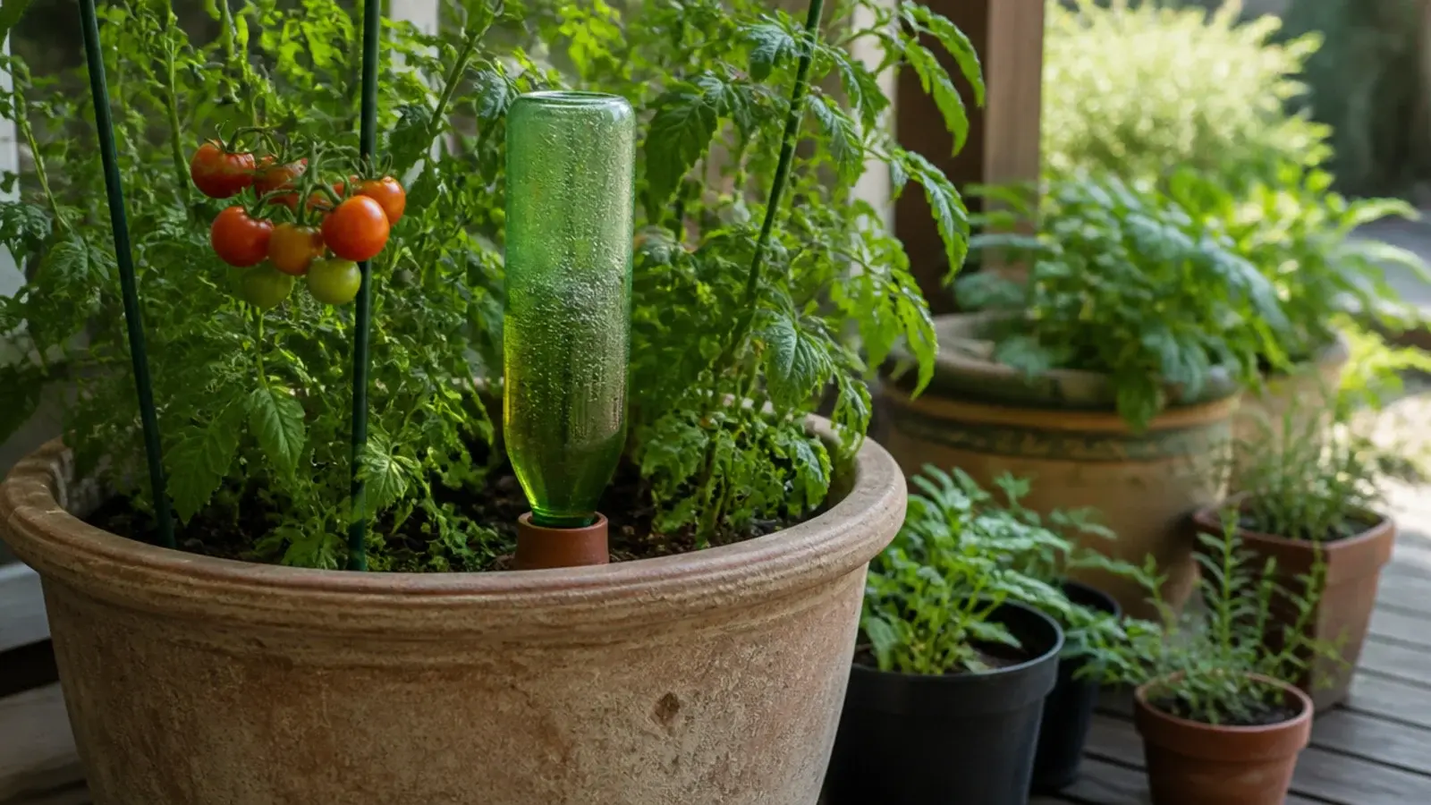 inverted bottle drip watering a balcony planter while away