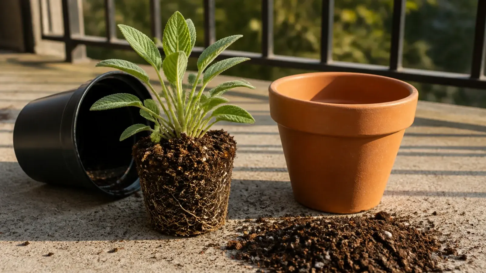 plant being moved from a plastic nursery pot into plain terracotta