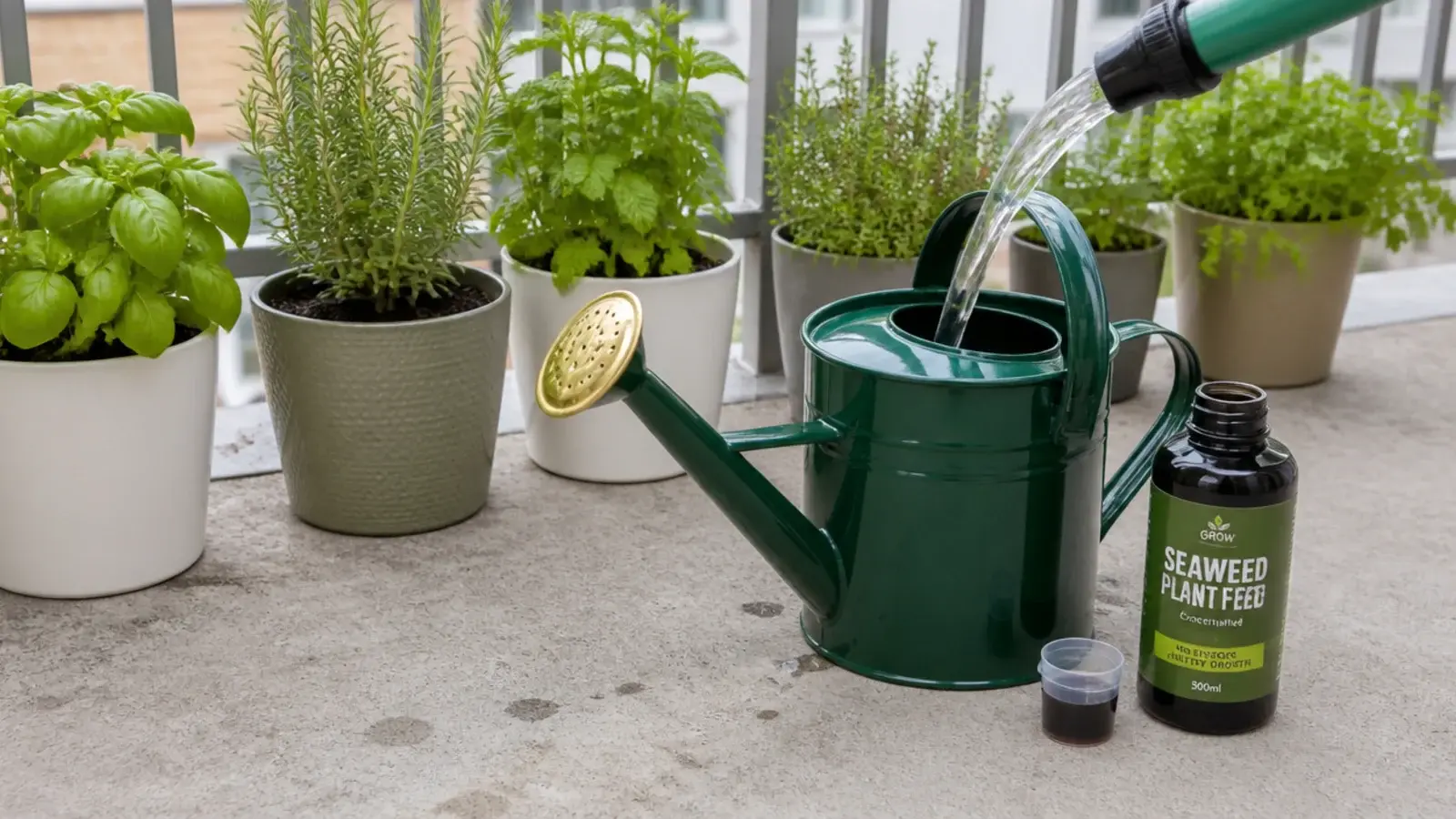 liquid feed being mixed in a watering can beside balcony pots