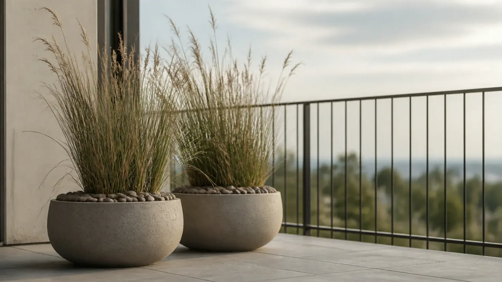 tall grasses in wide heavy based pots on an exposed balcony floor