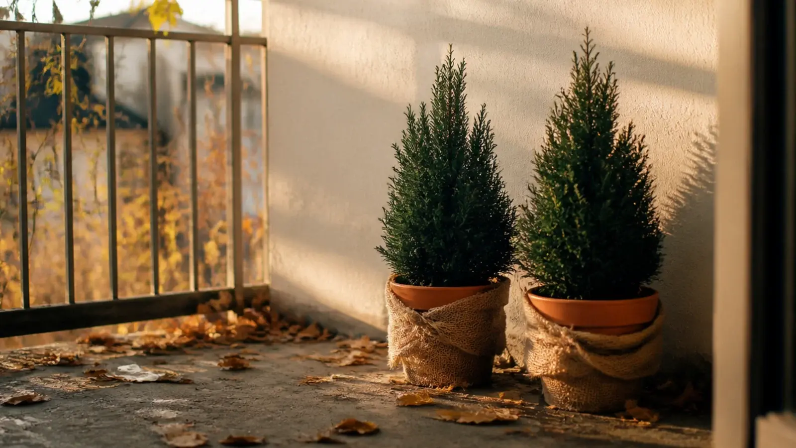 evergreen shrubs and wrapped pots on a balcony in late autumn