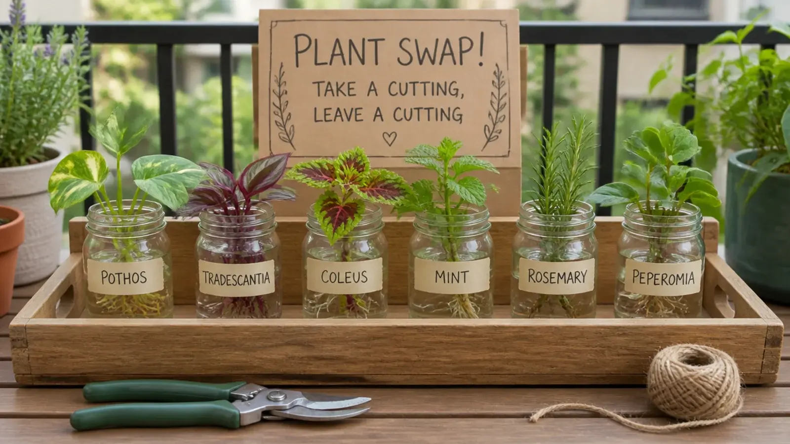 labelled cuttings in jars ready to swap on a balcony table
