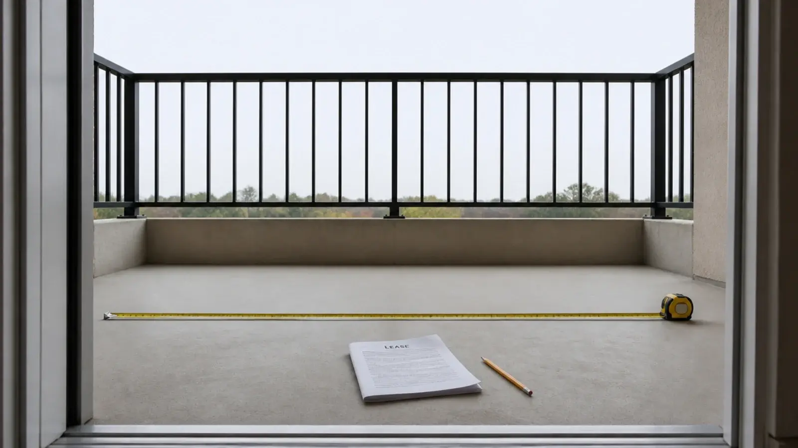 tape measure laid across an empty concrete balcony slab beside a railing