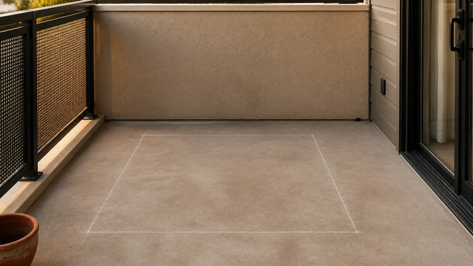 chalk outline marking a four foot square seating zone on balcony concrete